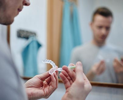 a man putting whitening gel into dental trays